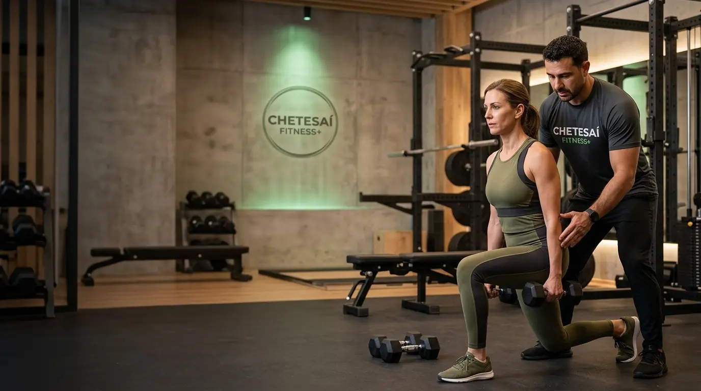 Entrenador Chetesaí Fitness+ corrigiendo la técnica de una zancada con mancuernas